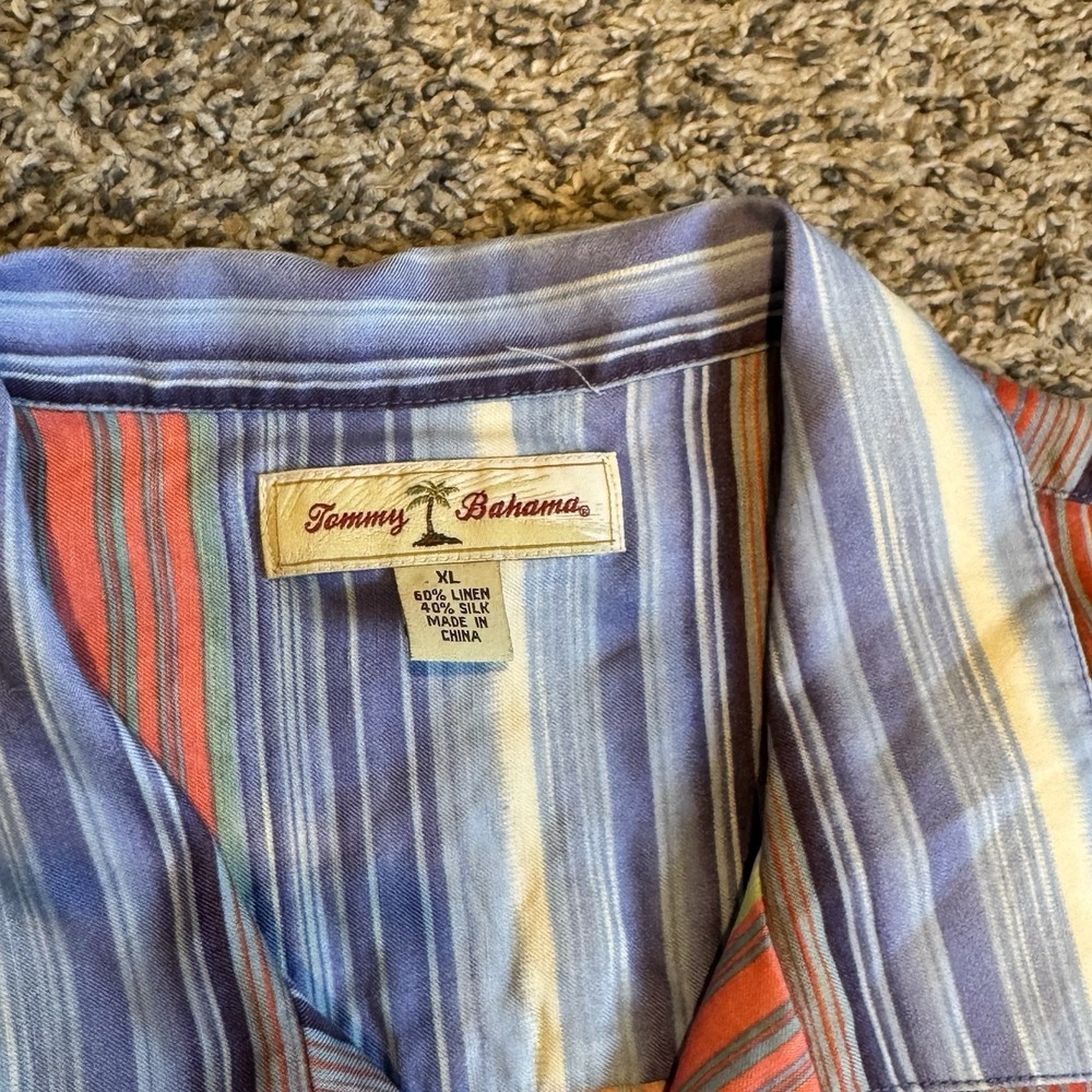 MENS TOMMY BAHAMA SILK/LINEN STRIPED BUTTON UP CAMP SHIRT SIZE XL Palm Trees - Picture 3 of 6